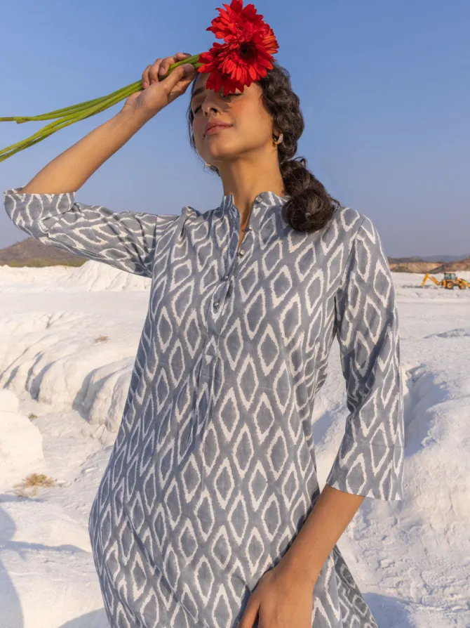 Grey Ikat Handblock Printed Cotton Kurta