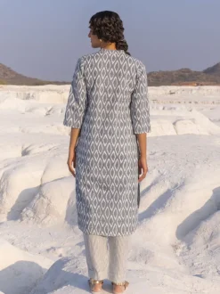 Grey Ikat Handblock Printed Cotton Kurta