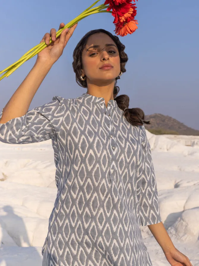 Grey Ikat Handblock Printed Cotton Kurta