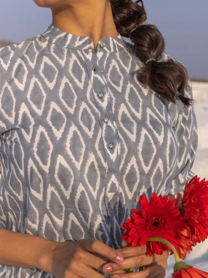 Grey Ikat Handblock Printed Cotton Kurta