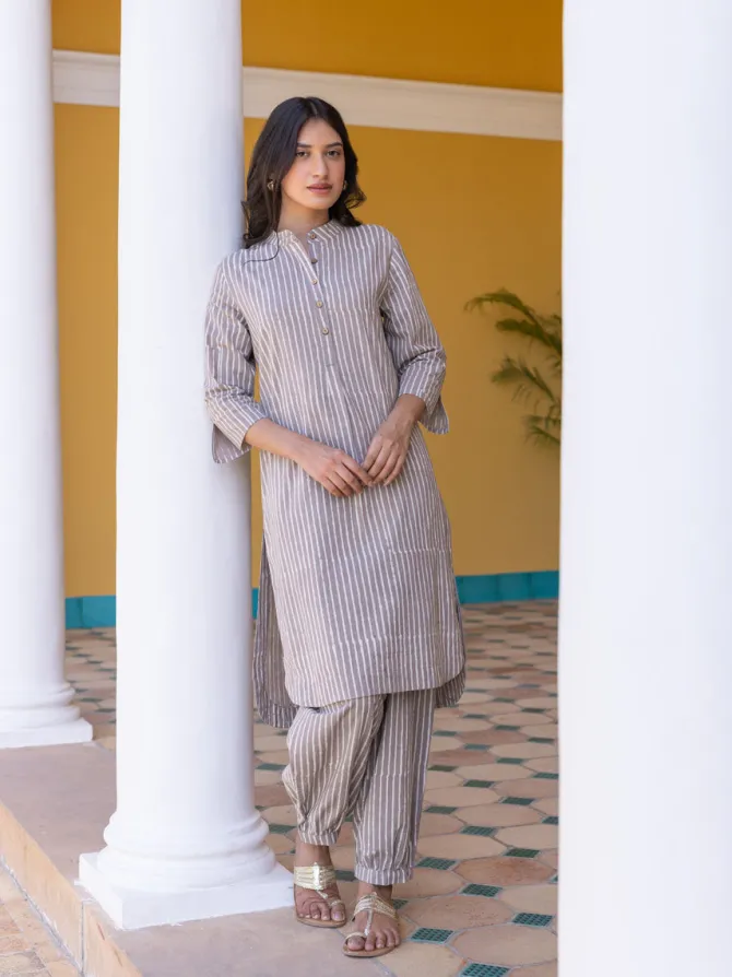 Grey Stripes Block Printed Cotton Kurta