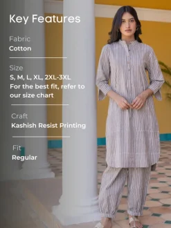 Grey Stripes Block Printed Cotton Kurta