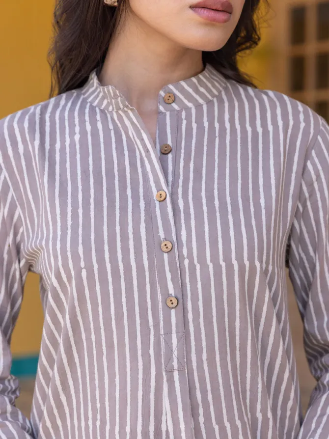 Grey Stripes Block Printed Cotton Kurta