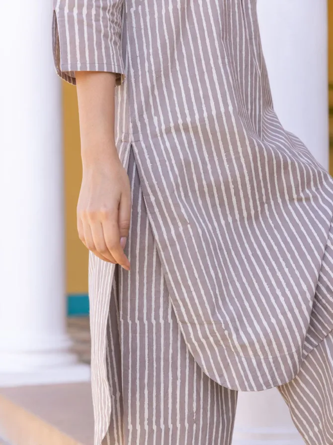 Grey Stripes Block Printed Cotton Kurta