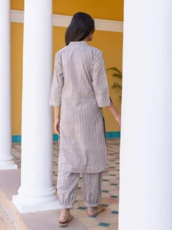 Grey Stripes Block Printed Cotton Kurta