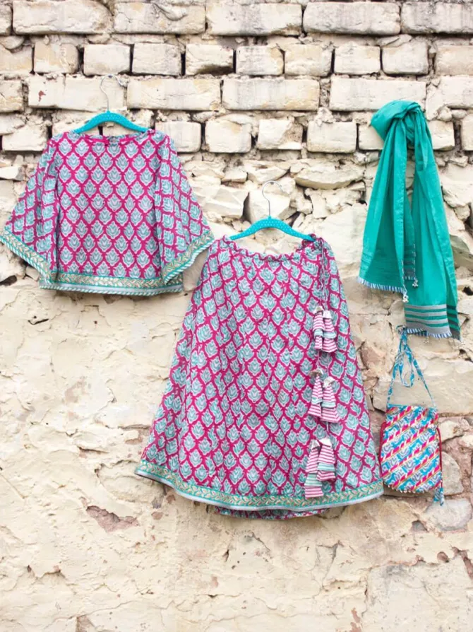 Gulaabi Block Printed Cotton Silk Lehanga Set of 4