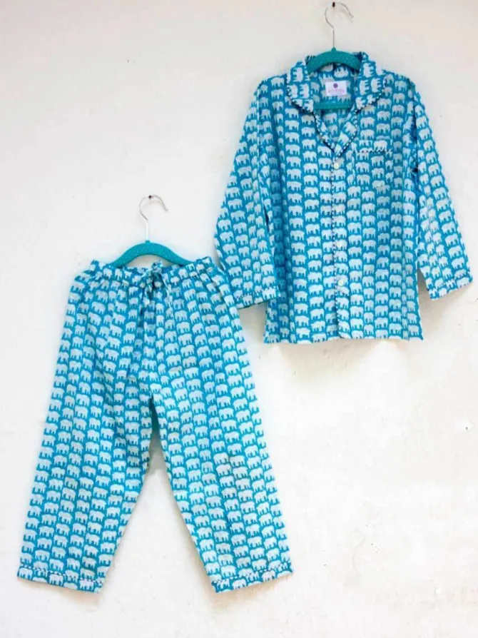 Haathi's March Block Printed Cotton Top & Pyjama Set