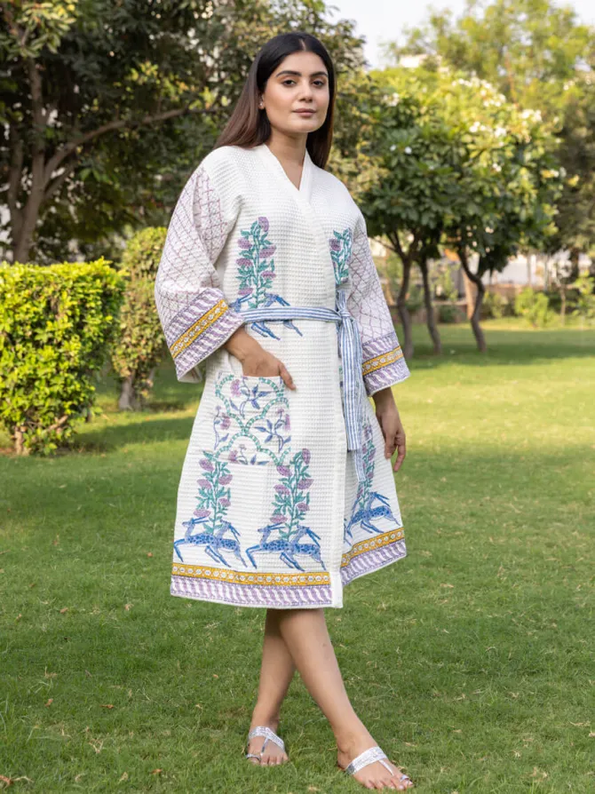 Harini Block Printed Waffle Cotton Bath Robe
