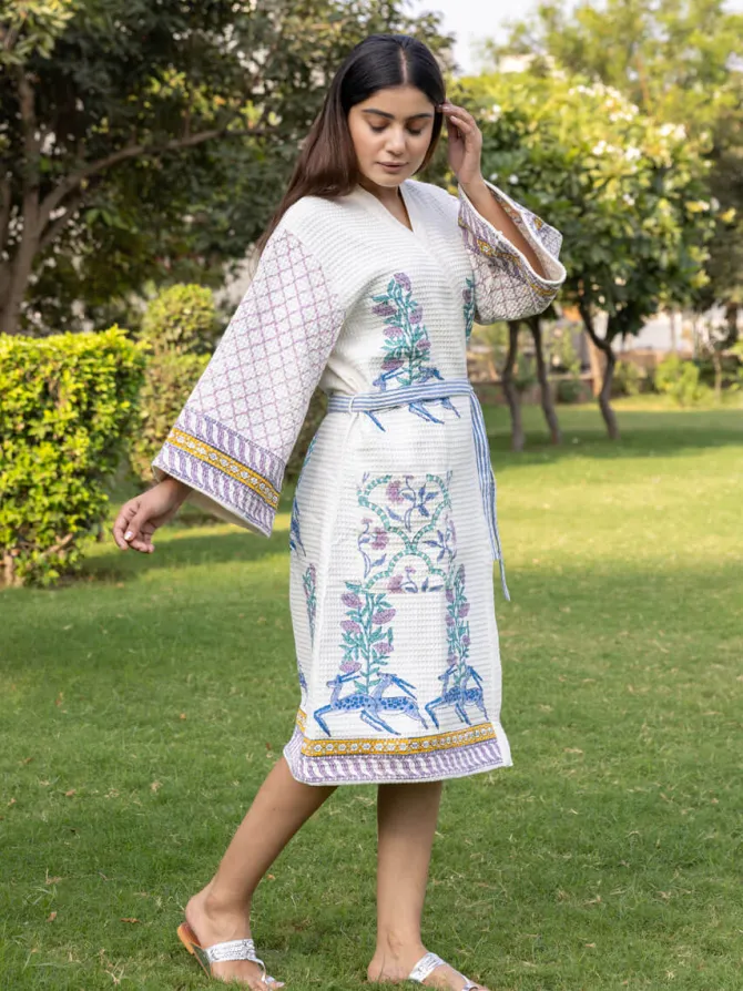Harini Block Printed Waffle Cotton Bath Robe