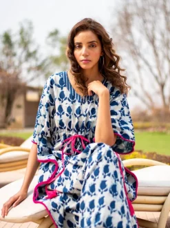 Indigo Paisley Dabu Cotton Kaftan