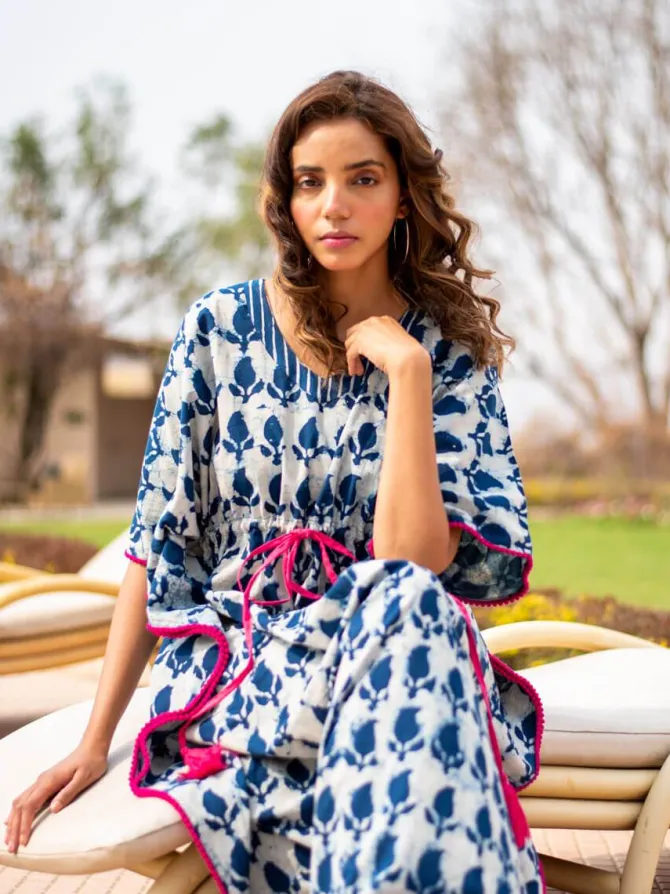 Indigo Paisley Dabu Cotton Kaftan