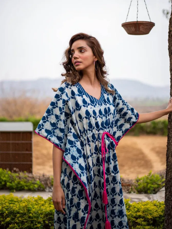 Indigo Paisley Dabu Cotton Kaftan