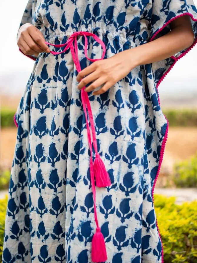 Indigo Paisley Dabu Cotton Kaftan