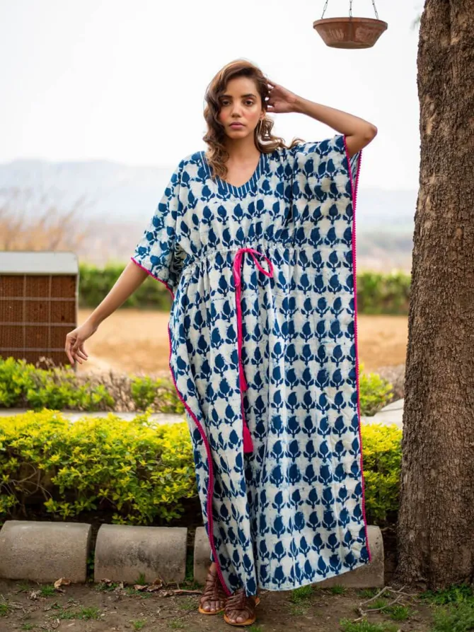 Indigo Paisley Dabu Cotton Kaftan