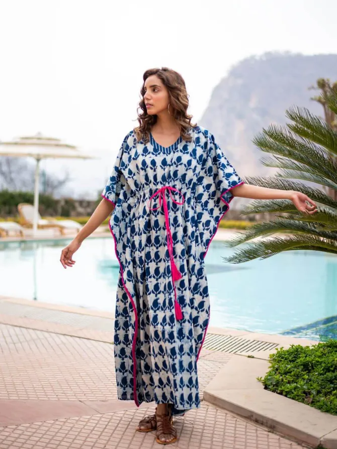 Indigo Paisley Dabu Cotton Kaftan