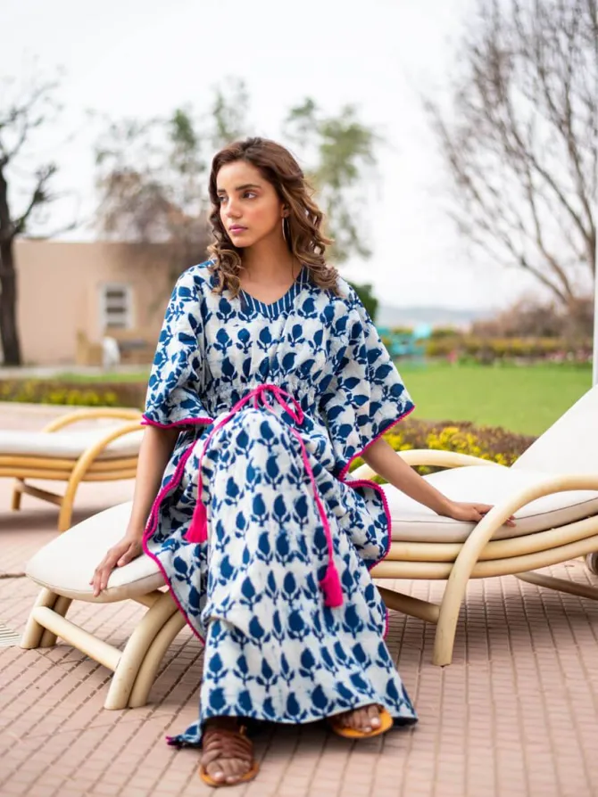 Indigo Paisley Dabu Cotton Kaftan