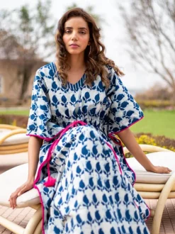 Indigo Paisley Dabu Cotton Kaftan