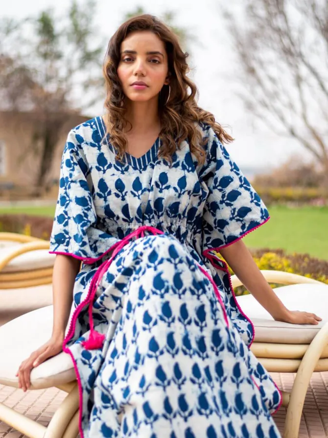 Indigo Paisley Dabu Cotton Kaftan