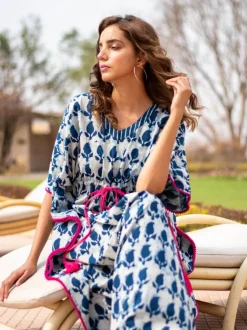 Indigo Paisley Dabu Cotton Kaftan