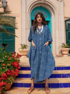 Indigo Stripes Dabu Kaftan Cotton Shirt Dress