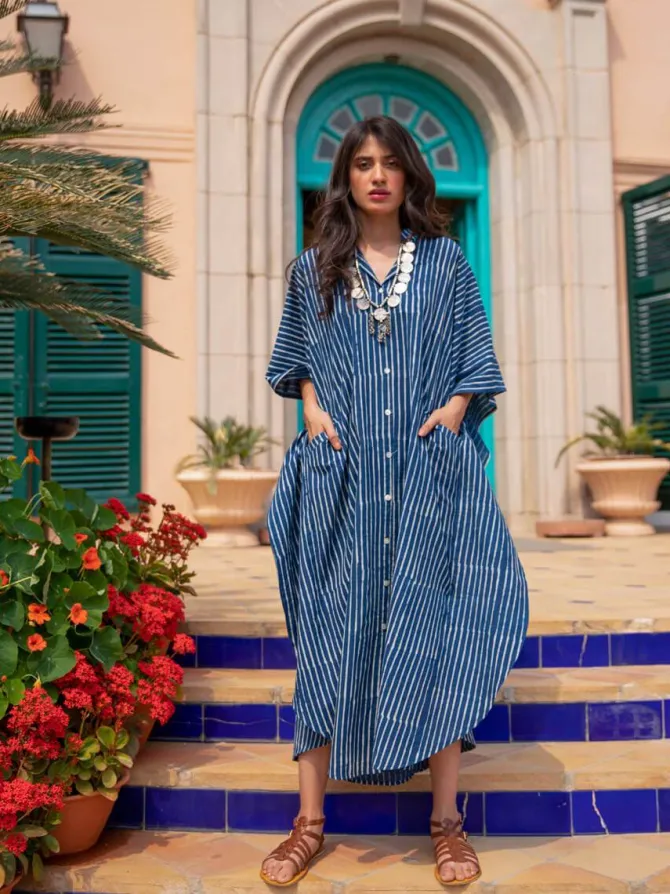 Indigo Stripes Dabu Kaftan Cotton Shirt Dress