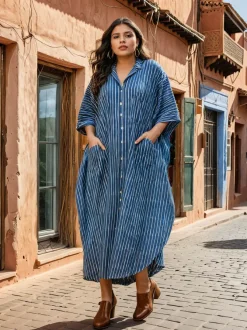 Indigo Stripes Dabu Kaftan Cotton Shirt Dress