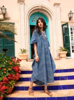 Indigo Stripes Dabu Kaftan Cotton Shirt Dress