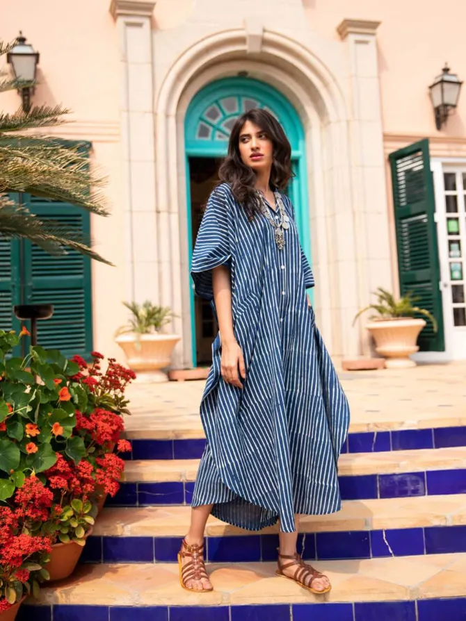 Indigo Stripes Dabu Kaftan Cotton Shirt Dress