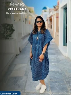 Indigo Stripes Dabu Kaftan Cotton Shirt Dress