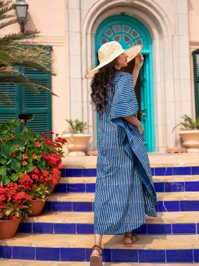 Indigo Stripes Dabu Kaftan Cotton Shirt Dress