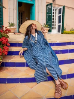 Indigo Stripes Dabu Kaftan Cotton Shirt Dress