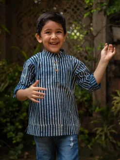Indigo Stripes Organic Cotton Shirt Kurta with Roll Up Sleeves