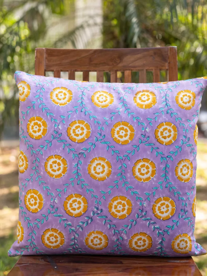 Iris Block Printed Cotton Cushion Cover - 20 Inch