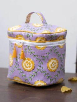 Iris Block Printed Cotton Travel Vanity Case