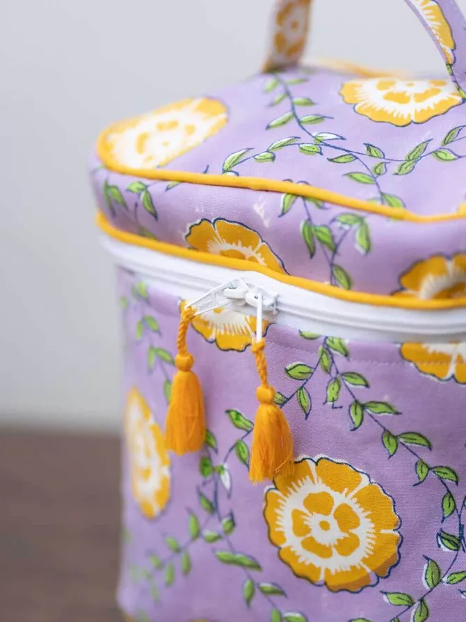 Iris Block Printed Cotton Travel Vanity Case