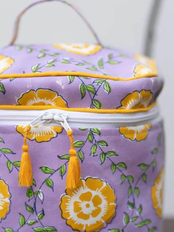 Iris Block Printed Cotton Travel Vanity Case