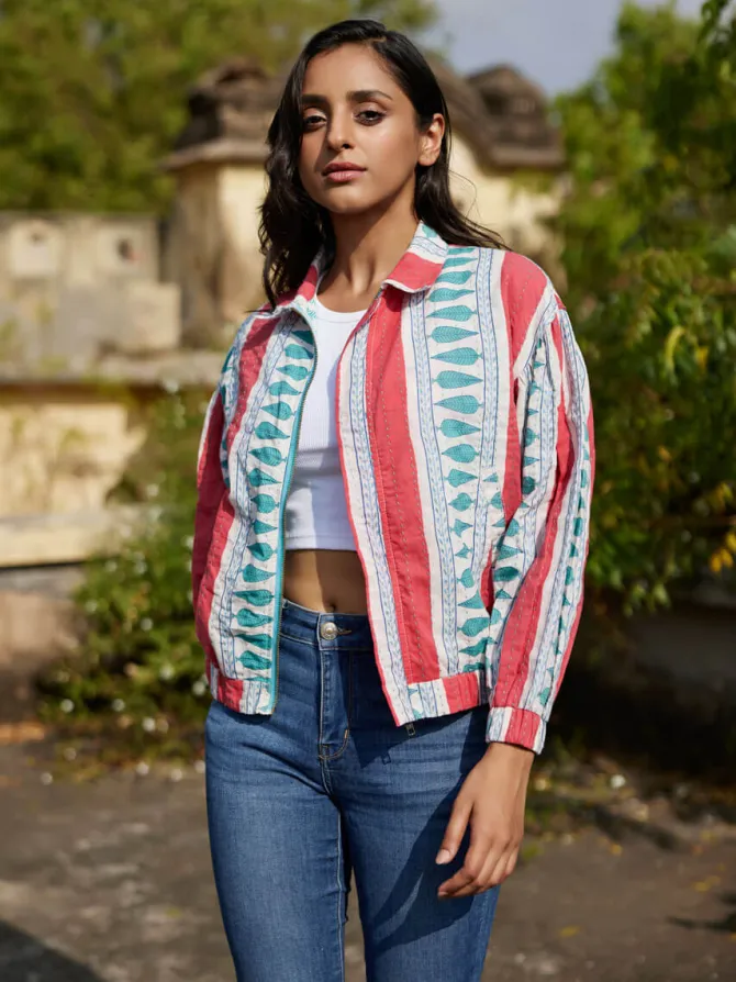 Jane Kantha Embroidered Block Printed Bomber Jacket