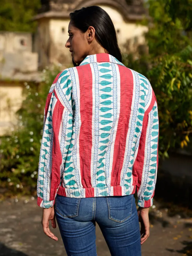 Jane Kantha Embroidered Block Printed Bomber Jacket