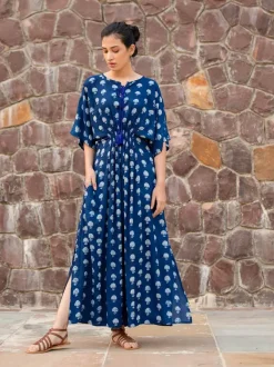 Jheel Indigo Printed Daabu Modal Kaftan Dress