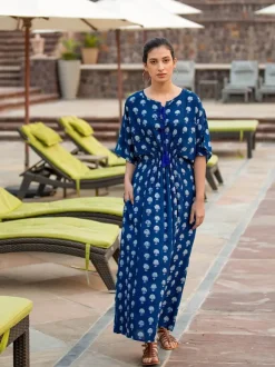 Jheel Indigo Printed Daabu Modal Kaftan Dress