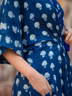 Jheel Indigo Printed Daabu Modal Kaftan Dress