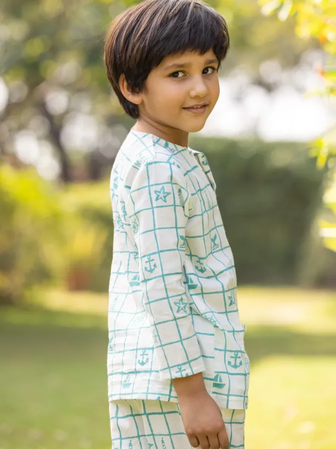 Jr. Voyager Organic Cotton Block Printed Short Kurta