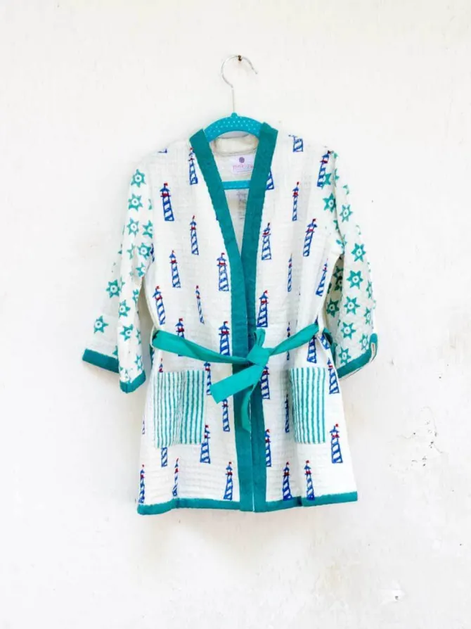 Lighthouse Magic Block Printed Waffle Cotton Bath Robe