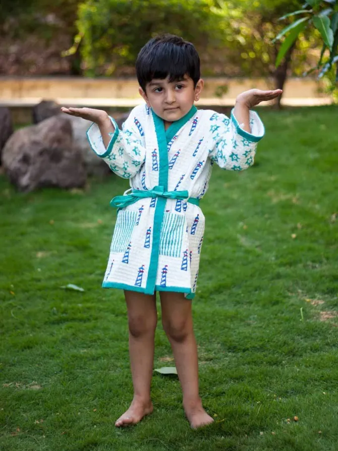 Lighthouse Magic Block Printed Waffle Cotton Bath Robe
