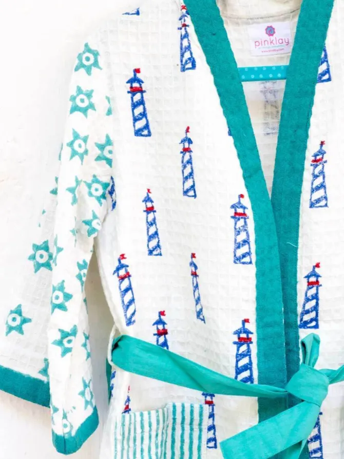Lighthouse Magic Block Printed Waffle Cotton Bath Robe