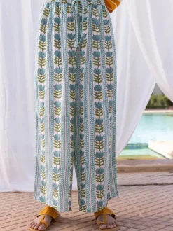 Lotus Meadow Slub Hand Block Print Palazzo Pants