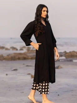 Malang Solid Black Slub Long Kurta
