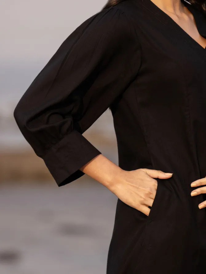 Malang Solid Black Slub Long Kurta