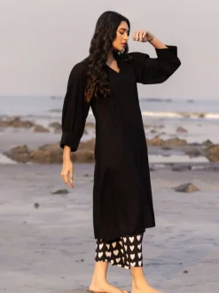 Malang Solid Black Slub Long Kurta