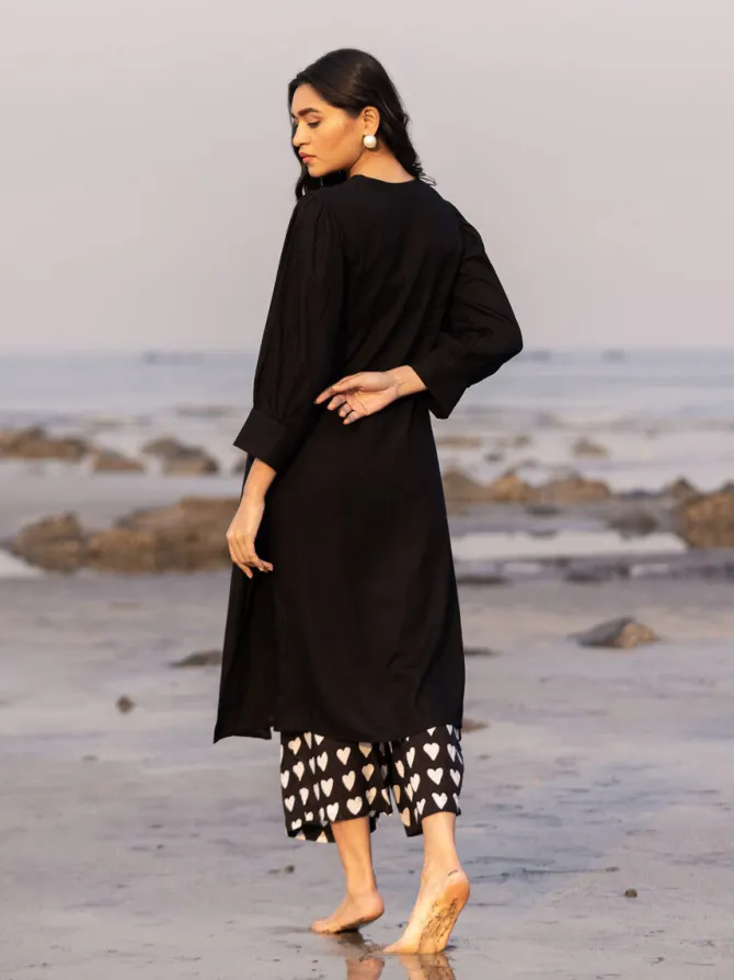 Malang Solid Black Slub Long Kurta